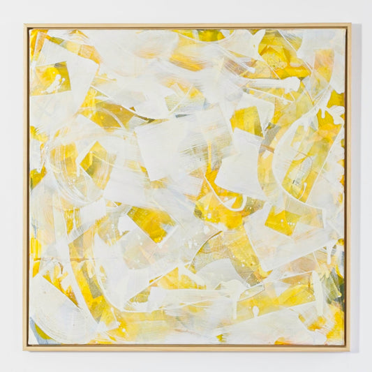 Time Unfolding Into Light, an original yellow abstract painting by Adam Cartwright, framed in a natural wood floater frame.